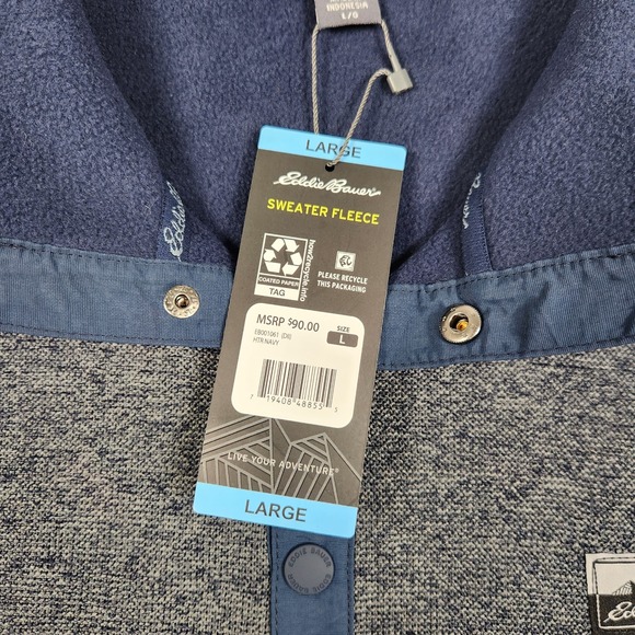 Eddie Bauer Sweater Men Large Gray Navy Blue Snap Fleece Pullover Retro Logo NEW - Picture 5 of 11